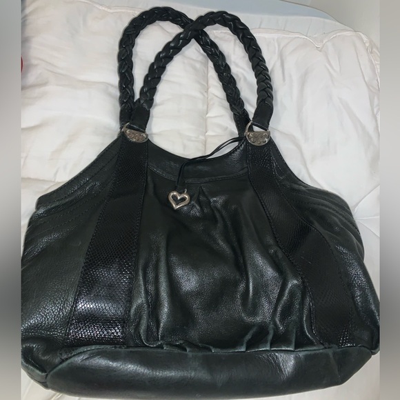 Brighton Black Leather VINTAGE Handbag woven Handles - Picture 1 of 8